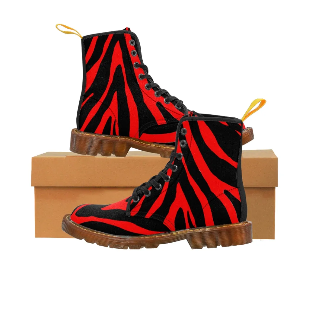 Red Zebra Men's Boots, Animal Print Fashion Best Hiking Winter Boots Laced Up Shoes For Men