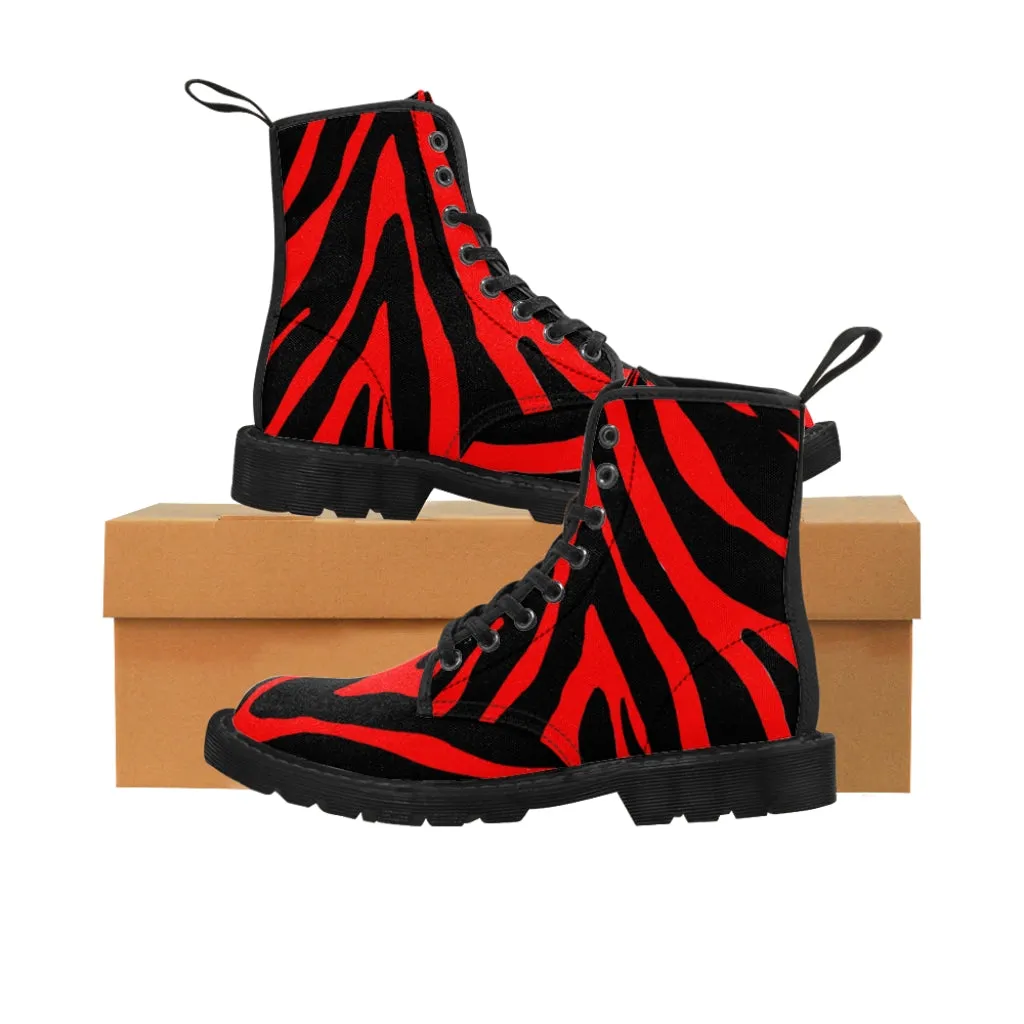 Red Zebra Men's Boots, Animal Print Fashion Best Hiking Winter Boots Laced Up Shoes For Men