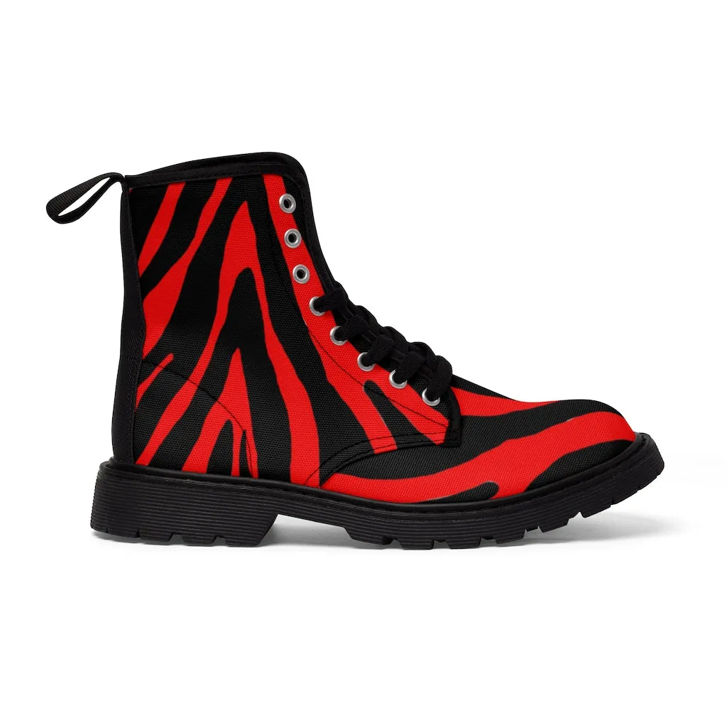 Red Zebra Men's Boots, Animal Print Fashion Best Hiking Winter Boots Laced Up Shoes For Men